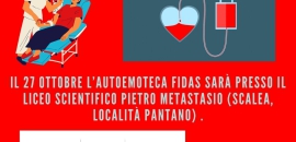 Il 27 ottobre l'autoemoteca FIDAS sarà presente presso il liceo scientifico Metastasio di Scalea